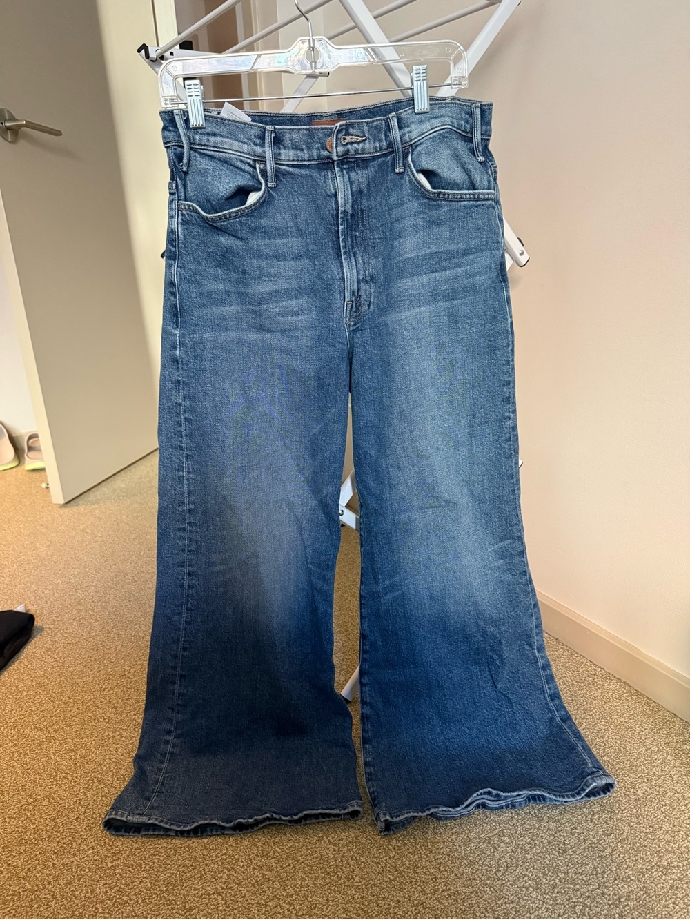 MOTHER Wide Leg Flare Jeans in Medium Blue Denim